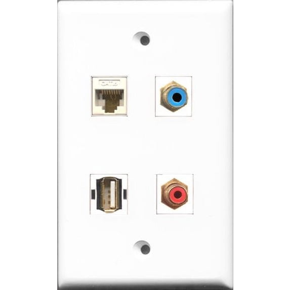 RiteAV 1 Port RCA Red and 1 Port RCA Blue and 1 Port USB A-A and 1 Port Cat6 Ethernet White Wall Plate