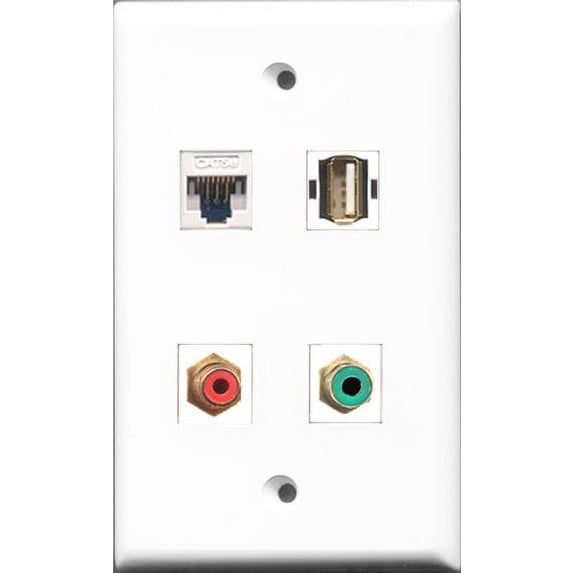 RiteAV 1 Port RCA Red and 1 Port RCA Green and 1 Port USB A-A and 1 Port Cat5e Ethernet White Wall Plate