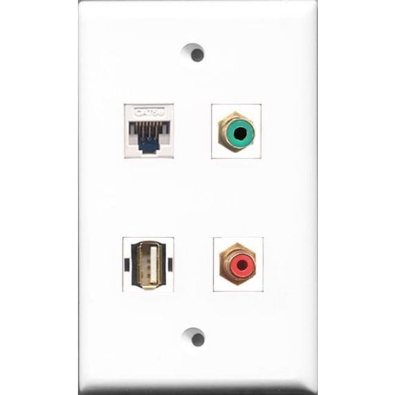RiteAV 1 Port RCA Red and 1 Port RCA Green and 1 Port USB A-A and 1 Port Cat5e Ethernet White Wall Plate