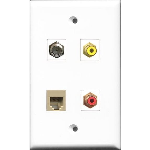 RiteAV 1 Port RCA Red and 1 Port RCA Yellow and 1 Port Coax Cable TV- F-Type and 1 Port Phone RJ11 RJ12 Beige Wall Plate