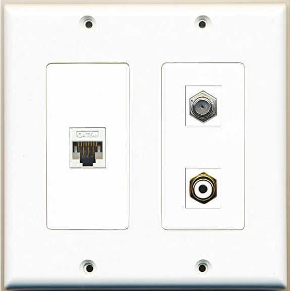 RiteAV - 1 Port RCA White 1 Port Coax Cable TV- F-Type 1 Port Cat5e Ethernet White - 2 Gang Wall Plate
