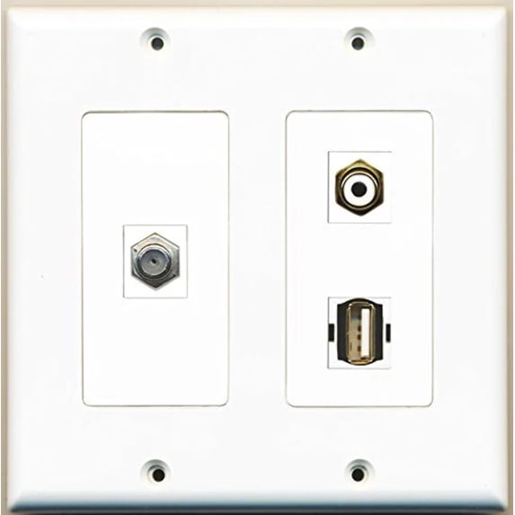 RiteAV - 1 Port RCA White 1 Port Coax Cable TV- F-Type 1 Port USB A-A - 2 Gang Wall Plate