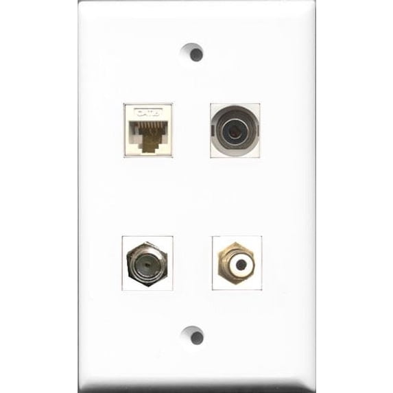 RiteAV 1 Port RCA White and 1 Port Coax Cable TV- F-Type and 1 Port 3.5mm and 1 Port Cat6 Ethernet White Wall Plate