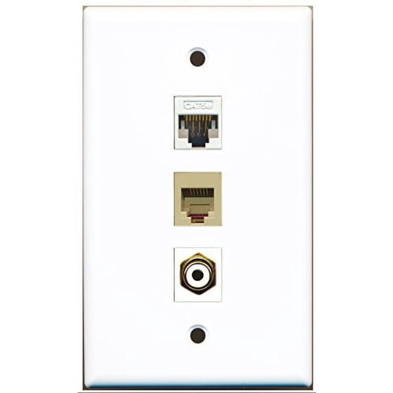 RiteAV - 1 Port RCA White and 1 Port Phone RJ11 RJ12 Beige and 1 Port Cat5e Ethernet White Wall Plate