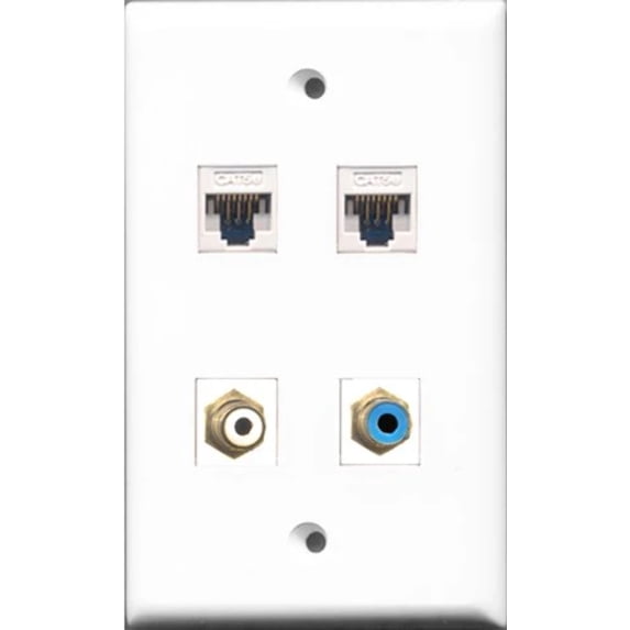 RiteAV - 1 Port RCA White and 1 Port RCA Blue 2 Port Cat5e Ethernet White Wall Plate