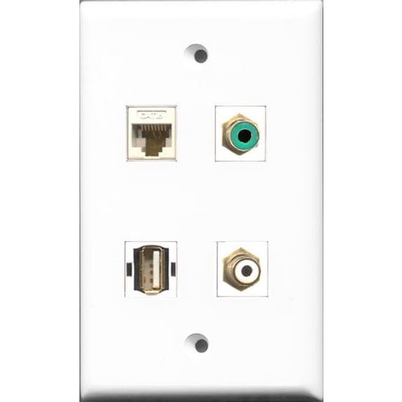 RiteAV 1 Port RCA White and 1 Port RCA Green and 1 Port USB A-A and 1 Port Cat6 Ethernet White Wall Plate