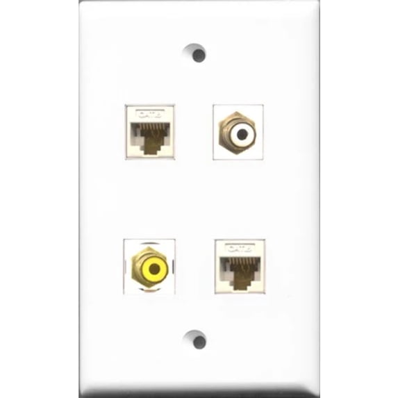 RiteAV 1 Port RCA White and 1 Port RCA Yellow 2 Port Cat6 Ethernet White Wall Plate