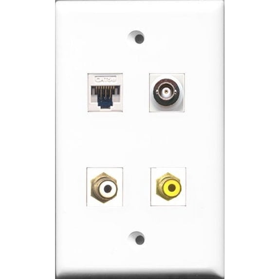 RiteAV - 1 Port RCA White and 1 Port RCA Yellow and 1 Port BNC and 1 Port Cat5e Ethernet White Wall Plate