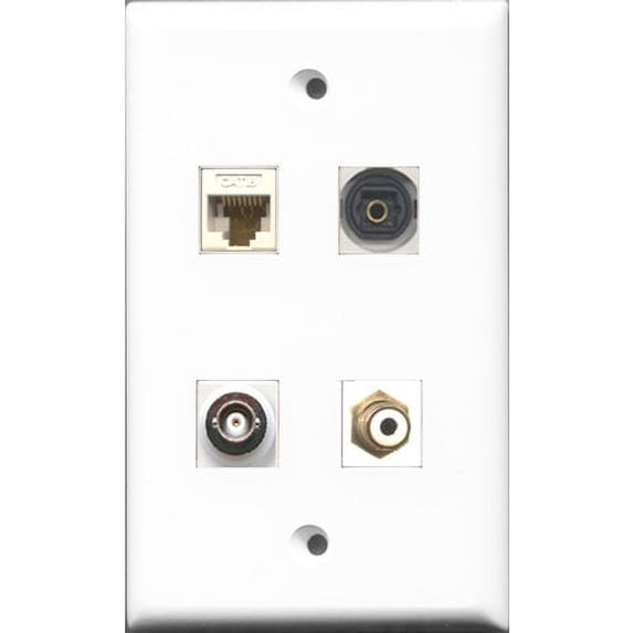 RiteAV 1 Port RCA White and 1 Port Toslink and 1 Port BNC and 1 Port Cat6 Ethernet White Wall Plate