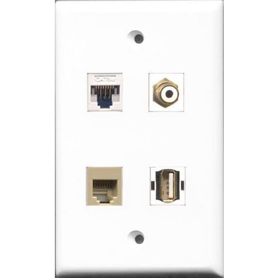 RiteAV 1 Port RCA White and 1 Port USB A-A and 1 Port Phone RJ11 RJ12 Beige and 1 Port Cat5e Ethernet White Wall Plate