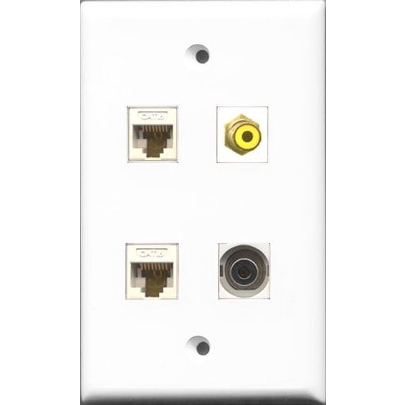 RiteAV 1 Port RCA Yellow and 1 Port 3.5mm 2 Port Cat6 Ethernet White Wall Plate