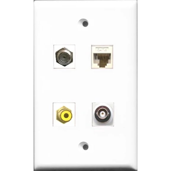 RiteAV 1 Port RCA Yellow and 1 Port Coax Cable TV- F-Type and 1 Port BNC and 1 Port Cat6 Ethernet White Wall Plate