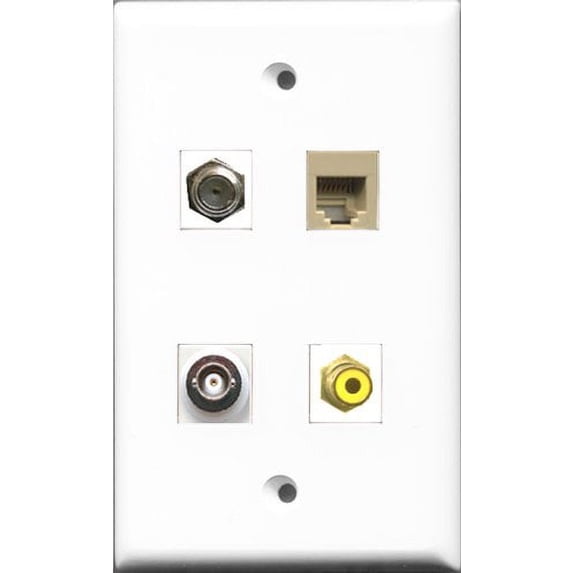 RiteAV 1 Port RCA Yellow and 1 Port Coax Cable TV- F-Type and 1 Port Phone RJ11 RJ12 Beige and 1 Port BNC Wall Plate