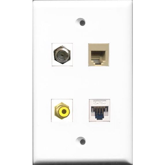 RiteAV 1 Port RCA Yellow and 1 Port Coax Cable TV- F-Type and 1 Port Phone RJ11 RJ12 Beige and 1 Port Cat5e Ethernet White Wall Plate