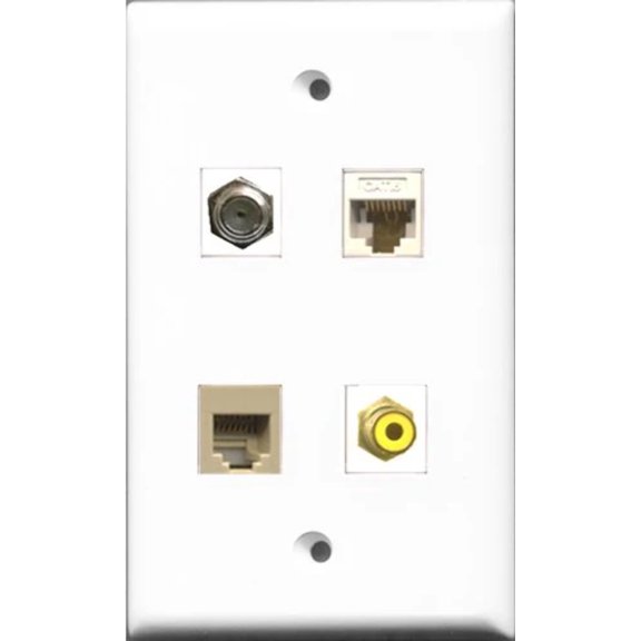 RiteAV 1 Port RCA Yellow and 1 Port Coax Cable TV- F-Type and 1 Port Phone RJ11 RJ12 Beige and 1 Port Cat6 Ethernet White Wall Plate