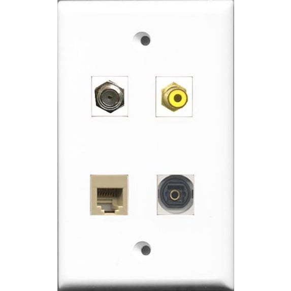 RiteAV 1 Port RCA Yellow and 1 Port Coax Cable TV- F-Type and 1 Port Phone RJ11 RJ12 Beige and 1 Port Toslink Wall Plate