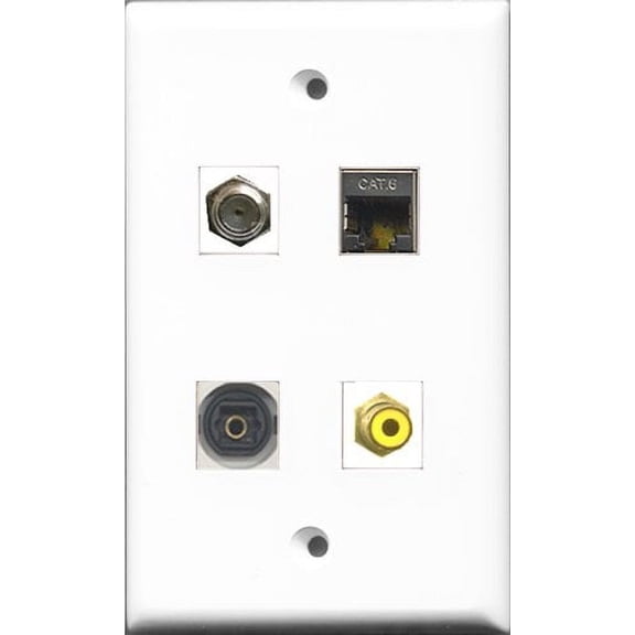 RiteAV 1 Port RCA Yellow and 1 Port Coax Cable TV- F-Type and 1 Port Shielded Cat6 Ethernet and 1 Port Toslink Wall Plate