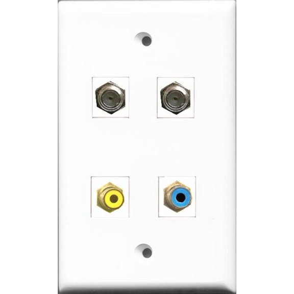 RiteAV 1 Port RCA Yellow and 1 Port RCA Blue 2 Port Coax Cable TV- F-Type Wall Plate