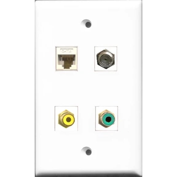 RiteAV 1 Port RCA Yellow and 1 Port RCA Green and 1 Port Coax Cable TV- F-Type and 1 Port Cat6 Ethernet White Wall Plate