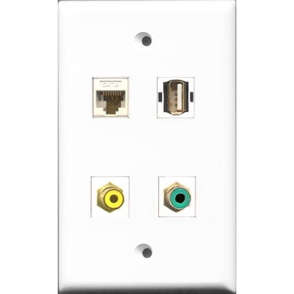 RiteAV 1 Port RCA Yellow and 1 Port RCA Green and 1 Port USB A-A and 1 Port Cat6 Ethernet White Wall Plate