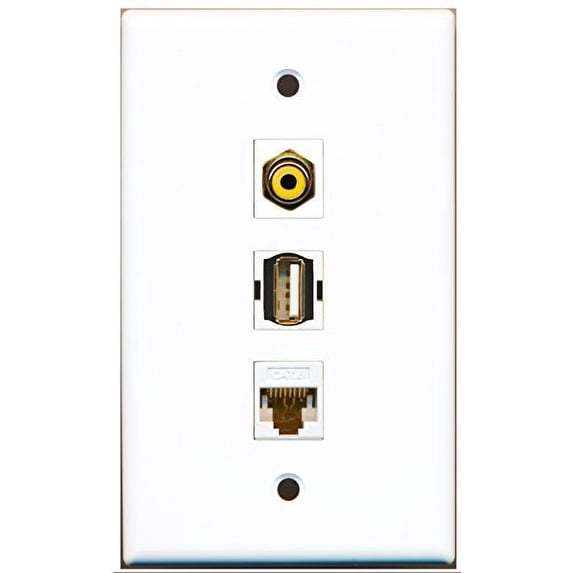 RiteAV - 1 Port RCA Yellow and 1 Port USB A-A and 1 Port Cat6 Ethernet White Wall Plate
