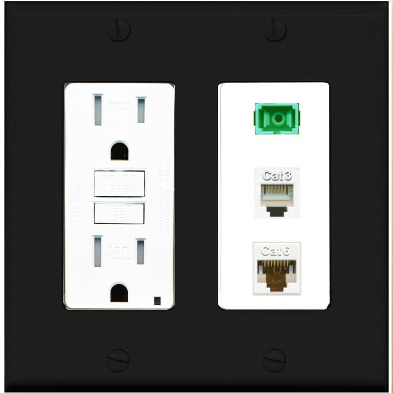 RiteAV 1 Port SC APC Simplex Phone and Cat6 Ethernet Wall Plate - GFCI Outlet [Black/White]