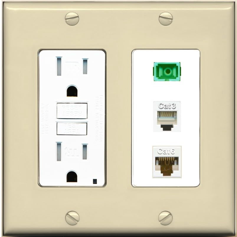 RiteAV 1 Port SC APC Simplex Phone and Cat6 Ethernet Wall Plate - GFCI Outlet [Ivory/White]