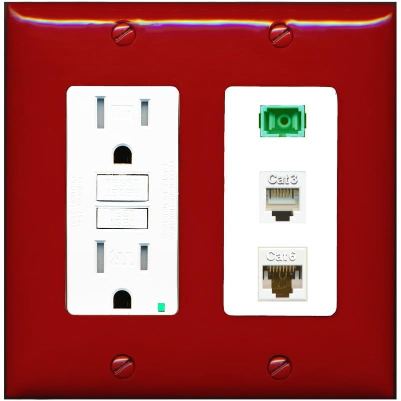 RiteAV 1 Port SC APC Simplex Phone and Cat6 Ethernet Wall Plate - GFCI Outlet [Red/White]