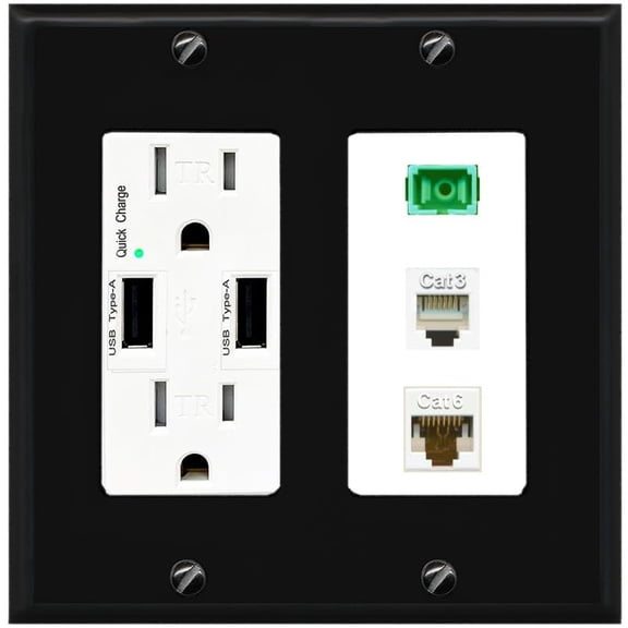 RiteAV 1 Port SC APC Simplex Phone and Cat6 Ethernet Wall Plate - USB Charger Outlet [Black/White]