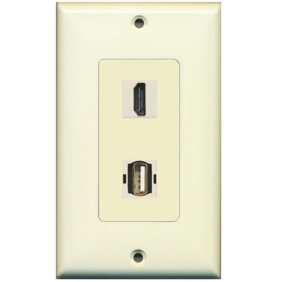 RiteAV - 1 Port USB A-A 1 Port HDMI Decorative Wall Plate - Light Almond - Bracket Included