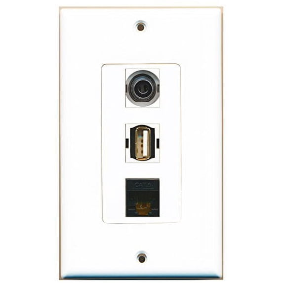 RiteAV - 1 Port USB A-A and 1 Port 3.5mm and 1 Port Cat6 Ethernet Black Decorative Wall Plate Decorative