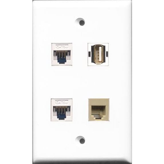 RiteAV 1 Port USB A-A and 1 Port Phone RJ11 RJ12 Beige 2 Port Cat5e Ethernet White Wall Plate