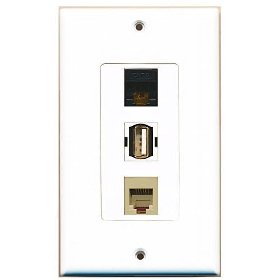 RiteAV - 1 Port USB A-A and 1 Port Phone RJ11 RJ12 Beige and 1 Port Cat6 Ethernet Black Decorative Wall Plate Decorative