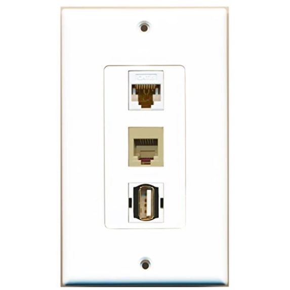 RiteAV - 1 Port USB A-A and 1 Port Phone RJ11 RJ12 Beige and 1 Port Cat6 Ethernet White Decorative Wall Plate Decorative