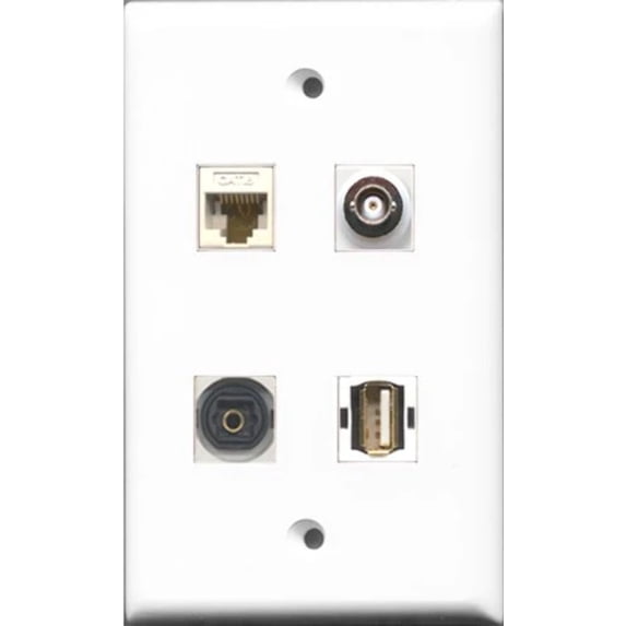 RiteAV 1 Port USB A-A and 1 Port Toslink and 1 Port BNC and 1 Port Cat6 Ethernet White Wall Plate