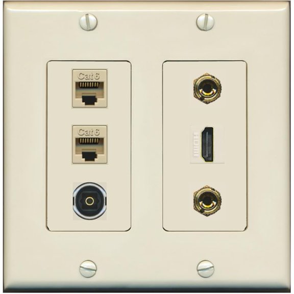 RiteAV 1 Speaker 2 Banana Binding Post Wall Plate 2 Cat6 1 x Toslink Optical and HDMI - 2 Gang [Light-Almond]