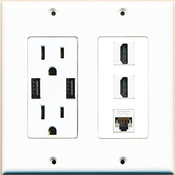 RiteAV 15 Amp 125V Power Outlet (2 Powered USB Charger Receptacle) 2 Hdmi Cat5e Wall Plate White