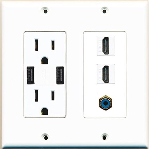 RiteAV 15 Amp 125V Power Outlet (2 Powered USB Charger Receptacle) 2 Hdmi RCA Wall Plate White
