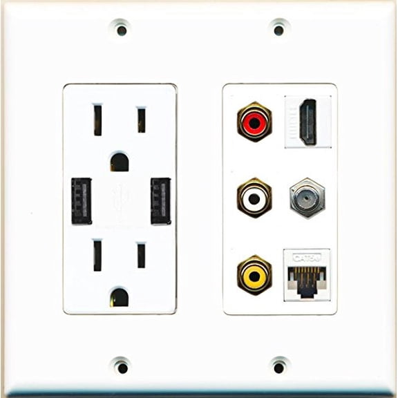 RiteAV 15 Amp 125V Power Outlet (2 Powered USB Charger Receptacle) Cat5e Coax Composite Hdmi Wall Plate