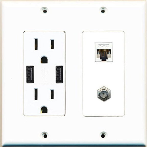 RiteAV 15 Amp 125V Power Outlet (2 Powered USB Charger Receptacle) Cat5e Coax Wall Plate White