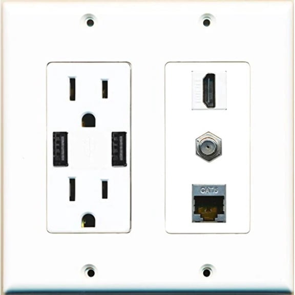 RiteAV 15 Amp 125V Power Outlet (2 Powered USB Charger Receptacle) Hdmi Coax Shielded Cat6 Wall Plate White