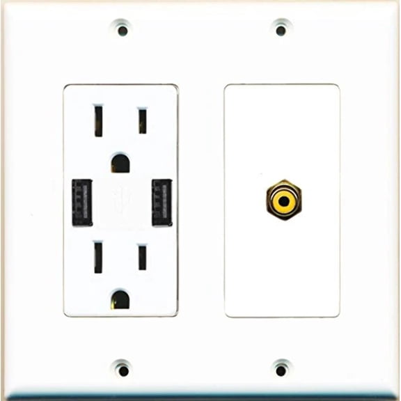 RiteAV 15 Amp 125V Power Outlet (2 Powered USB Charger Receptacle) RCA Yellow Wall Plate White