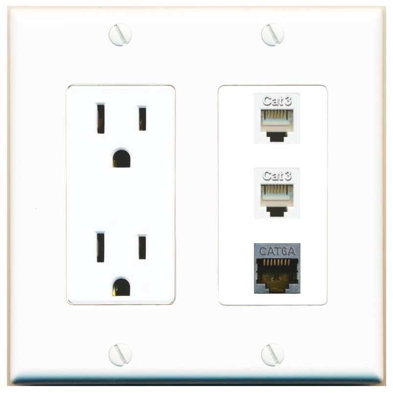 RiteAV 15 Amp Power Outlet 1 Port CAT6A 2 Phone Jack Coupler Female-Female Decorative Wall Plate [White]