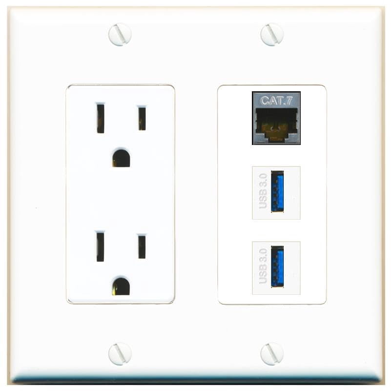 RiteAV 15 Amp Power Outlet 1 Port CAT7 2 USB-3 Jack Coupler Female-Female Decorative Wall Plate [White]