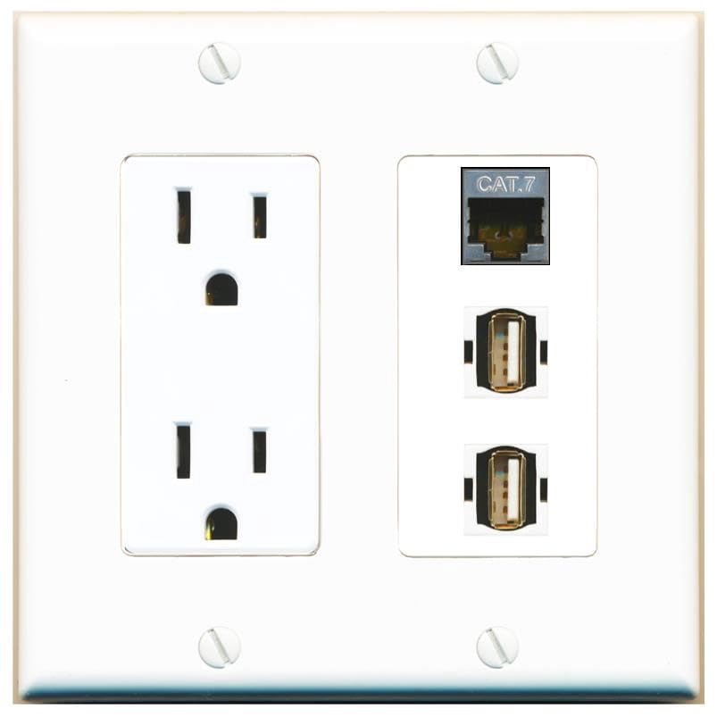 RiteAV 15 Amp Power Outlet 1 Port CAT7 2 USB2 Jack Coupler Female-Female Decorative Wall Plate [White]