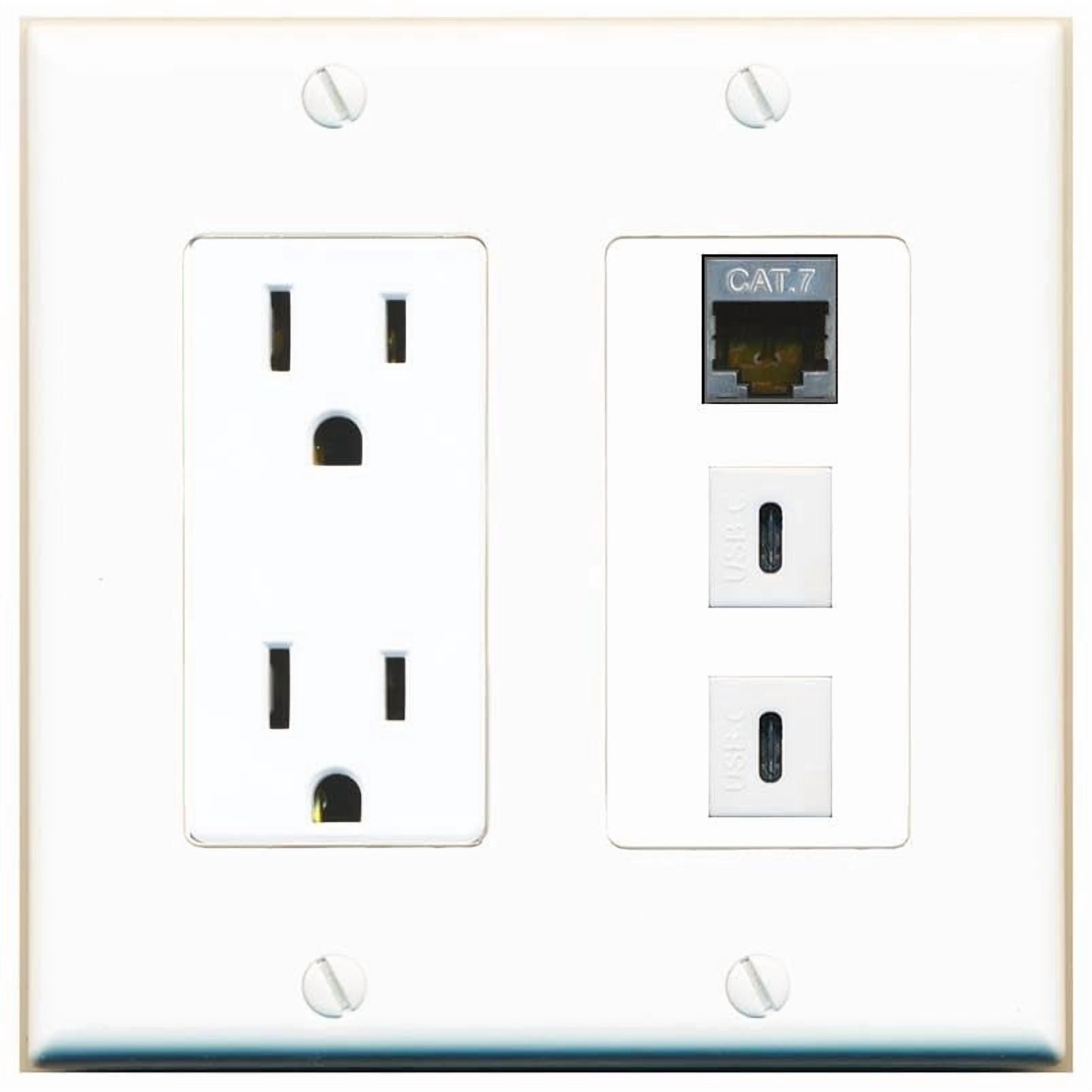 RiteAV 15 Amp Power Outlet 1 Port CAT7 2 USBC Jack Coupler Female-Female Decorative Wall Plate [White]