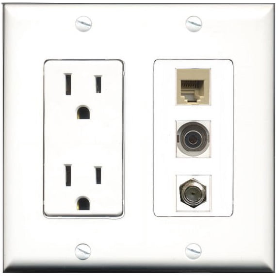 RiteAV - 15 Amp Power Outlet 1 Port Coax 1 Port Phone Beige 1 Port 3.5mm Decorative Wall Plate