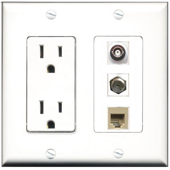 RiteAV - 15 Amp Power Outlet 1 Port Coax 1 Port Phone Beige 1 Port BNC Decorative Wall Plate