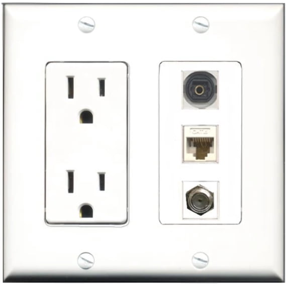 RiteAV - 15 Amp Power Outlet 1 Port Coax 1 Port Toslink 1 Port Cat6 Ethernet Ethernet White Decorative Wall Plate