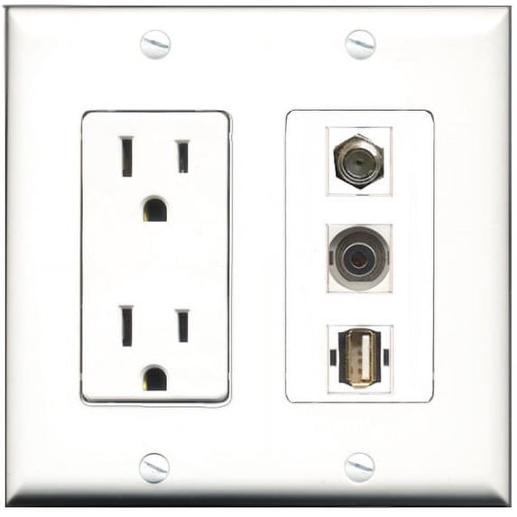 RiteAV - 15 Amp Power Outlet 1 Port Coax 1 Port USB A-A 1 Port 3.5mm Decorative Wall Plate